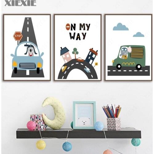 Wall Art Canvas Painting Nursery Baby Car Track Cartoon World Nordic Posters and Prints for Kids Room Bedroom Home Wall Pictures
