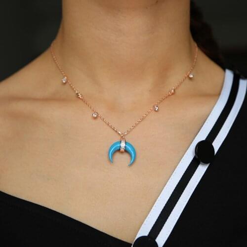 Blue turquoises crescent moon charm cz drop charm tassel 2018 new arrive fashion trendy jewelry for women and girl necklace