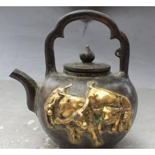 Song voge gem S0032 6" Old Marked Chinese Bronze Gilt Bull Oxen Animal Kettle Wine Tea Pot Flagon