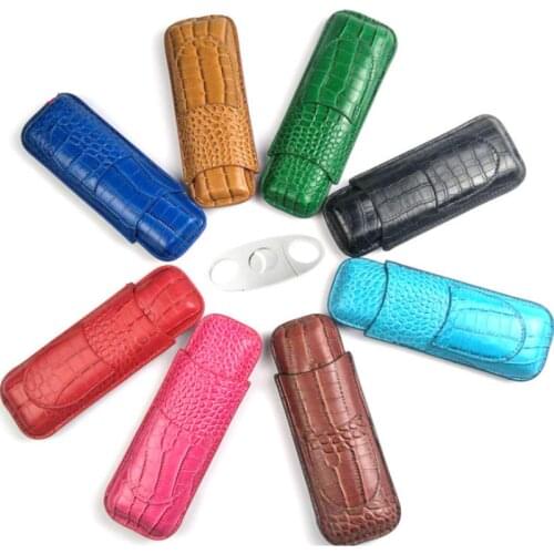 Portable Leather Cigar Tube Case with Cigar Cutter Mini 2 Tube Holder Humidor Cigars Accessories