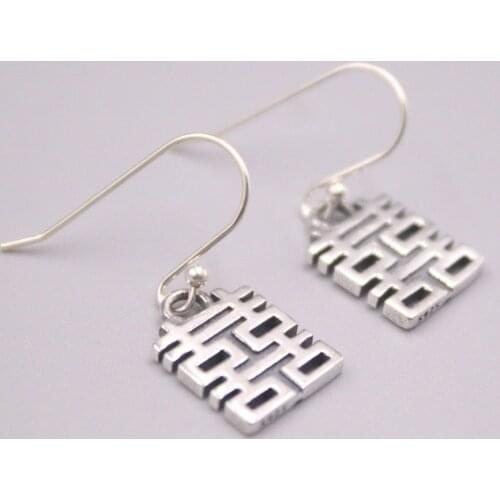 Genuine Real 925 Sterling Silver with Chinese Happiness Word Dangle Earrings 0.90inch Length
