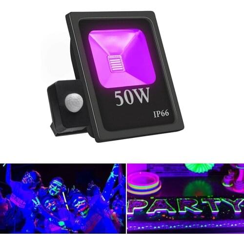 PIR Motion Sensor 50W UV LED Flood Light Ultraviolet Blacklight Floodlamp 85V-265V IP66 Waterproof for Parties Curing Glue Party