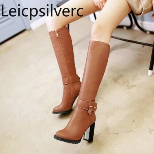 Womens Boots winter new style Metal Decoration Round head zipper Thick heel High heel Womens Mid boots plus size 34-43