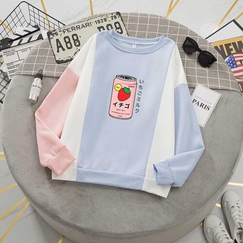 Color Block Tops for Women Strawberry Sweatshirt Crewneck Sweatshirt Women Japanese Fashion Kawaii Graphic Hoodies Streetwear