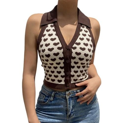 2021 Fashion Heart Pattern Halter Knitted Tank Top Women Sleeveless Backless Slim Fit Sexy Crop Top Holiday Summer Casual Camis