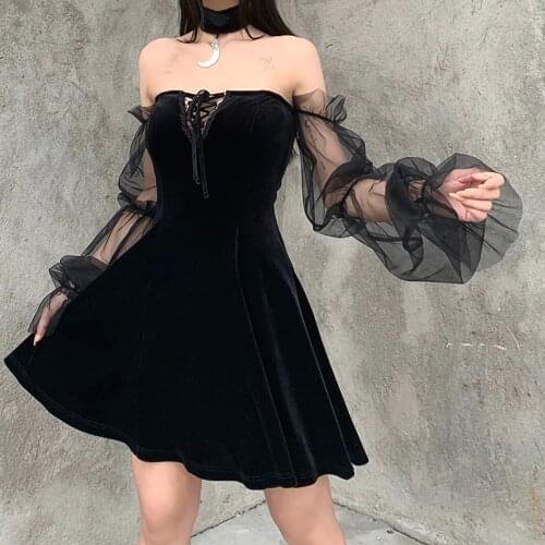 40# Women‘s Vestidos Dress Gothic Slim Chain Solid Color Dresses Long Sleeve Off Shoulder Mesh Party Club Dress Платья Женские
