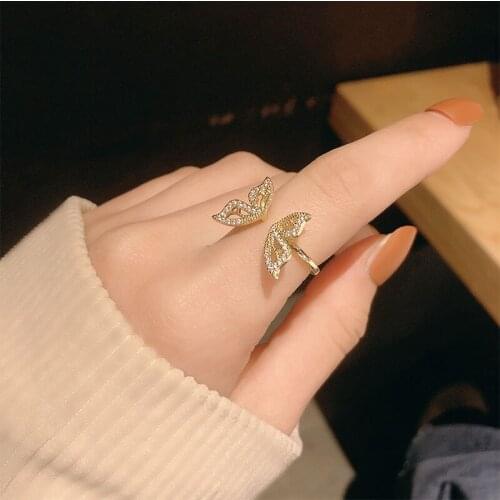 Shiny Side New Accessories Crystal Butterfly Engagement Adjustable Rings for Women Simple Style Pierced Open Rings