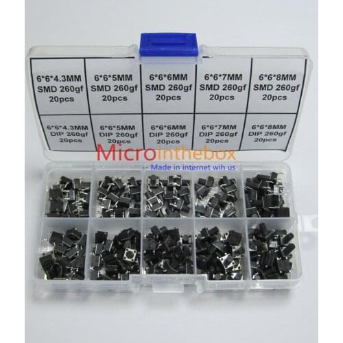 200PCS/LOT Tact Switch 6x6 SMD SMT DIP 10 types 4p 4Pin sample RoHS 6x6x4.3 6x6x5 6x6x6 6x6x7 6x6x8