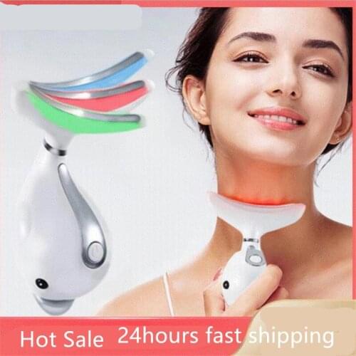 3 Colors Led Facial Neck Massager Photon Therapy Heating Face Neck Wrinkle Removal Machine Reduce Double Chin Skin Lift 30