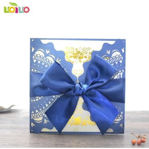 50pc China Vintage Laser Cut Wedding Invitations sea blue Party Elegant Luxurious invitation Card Paper with free logo