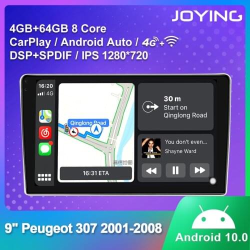 JOYING 9 Inch Android 10. 0 Head Unit Car Multimedia Player Support WiFi/Bluetooth/Carplay/4G 1280*720 For Peugeot 307 2001-2008