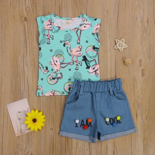 Emmbaby Baby Girl Summer Clothes Cartoon Printed Sleeveless Vest Tops Denim Curly Edge Loose Short Pant Outfits