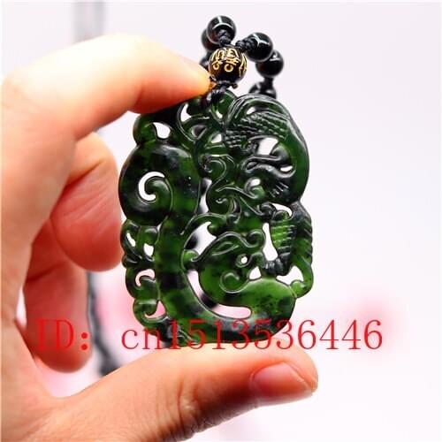 Chinese Black Green Jade Double faced carved Phoenix Pendant Natural Hand Carving Necklace Amulet Luck Gifts Men Sweater Chain
