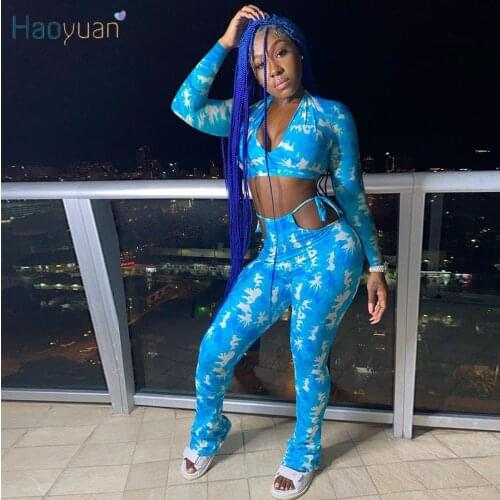 HAOYUAN Tie Dye Two Piece Set Sexy Long Sleeve Crop Top Cut Out Bandage Pants Women Fall Festival Outfits Club Matching Sets