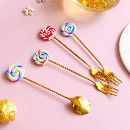 Cute Lollipop Coffee Spoon Children Coffee Stirring Spoon Dinner Fruit Fork Teaspoon Dessert Tea Scoop Tableware Gold And Silver