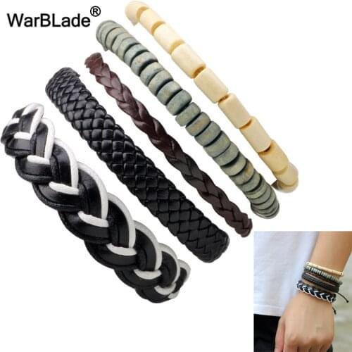 WarBLade Fashion Genuine Leather Bracelets Multilayer Charm Wood Beads Bracelet Bangle Punk Wrap Wristband For Men Women 5pc/Set