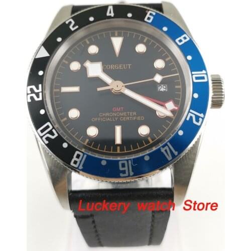 41mm Corgeut GMT mens watch black dial luminous rotating Bezel sapphire glass Automatic movement wrist watch-CA28