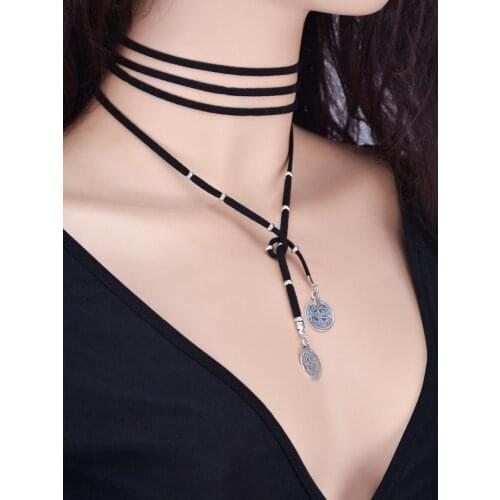 Gothic Boho Imitation Leather Choker Necklace For Women Long Coin Pendant Tassel Necklaces & Pendants Collares Mujer Party Gift