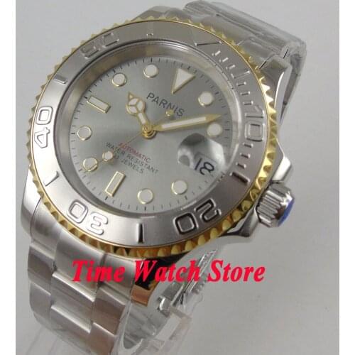 Parnis 41mm MIYOTA 8215 5ATM Automatic wrist watch men sapphire glass grey dial luminous golden bezel SS bracelet 986