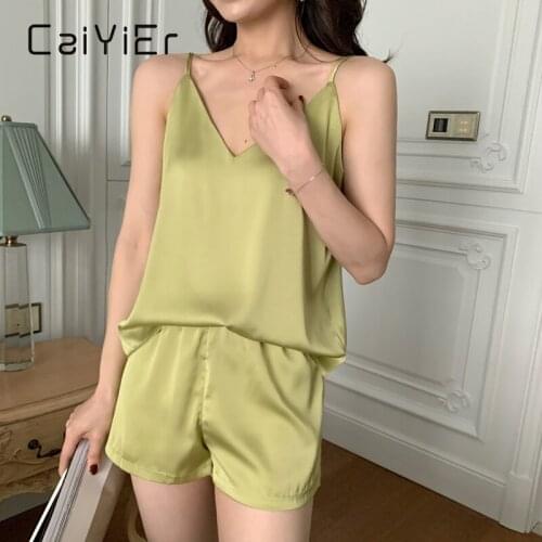 CAIYIER New 2021 Summer Silk Satin Pajamas Set Sexy Sling Sleeveless Sleepwear Green Female V-Neck Lingerie Nightwear S-L
