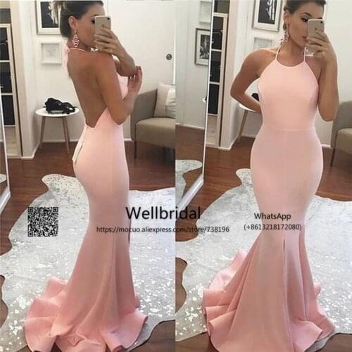 Pink Bridesmaid Dresses 2021 Mermaid Halter Backless Elastic Satin African Bridesmaid Dress Plus Size for Women Wedding