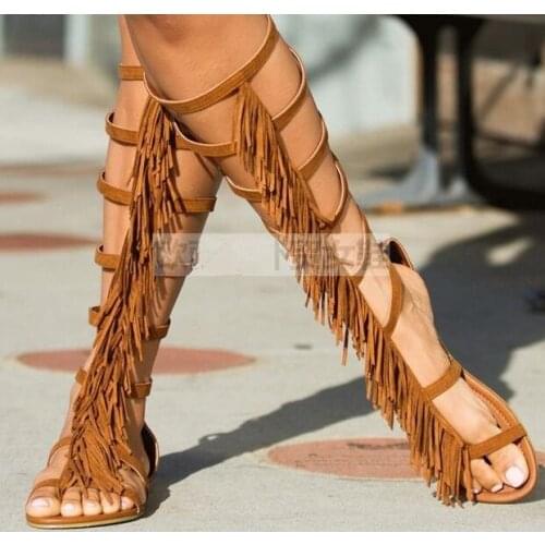 Size 35-43 tassels narrow band cut-outs gladiator knee high boots peep toe buckles strap flat sandal fringed knee boots