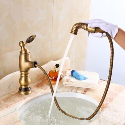 New deck mounted Jade Antique brass water faucet Bathroom Basin faucet Mixer Tap Luxury Sink Faucet Pull Out Shower