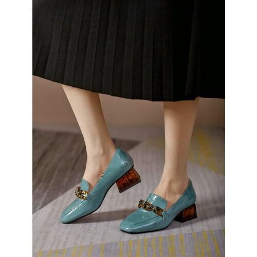 EshtonShero Square High Heels Casual Shoes Platform Shoes Chain Summer Blue Round Toe Patent Leather Pumps Summer Dress Shoes