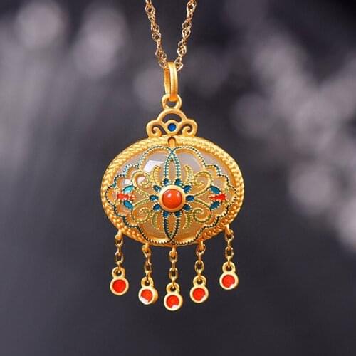 Vintage Jewelry Set With Oval Hetian Jade Stone Luxury Tassel Pendant Necklace Matte Gold Bracelet For Women Wedding Party Gift