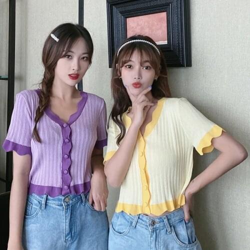 Knitted Cardigan Women Summer Short Sleeve Sweet Ladies Blouses Korean Style Loose Tee