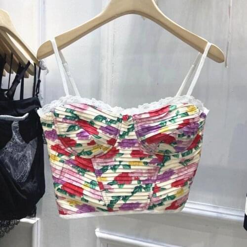 2021 Summer New Floral Pleated Camisole Womens Fashion Lace Bustier Bra Color Sling Cropped Top Sexy Tank Tops y1085