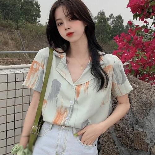 Korean Style Graffiti Printing Women Short Sleeve Chiffon Blouse Print Loose Shirt Turn-down Collar Blouses Simple Top