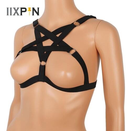 Women Harness Belt Adjust Elastic Strappy Hollow Out Cupless Cage Bra Upper Body Chest Belt Goth Sexy Lingerie Punk Crop Top