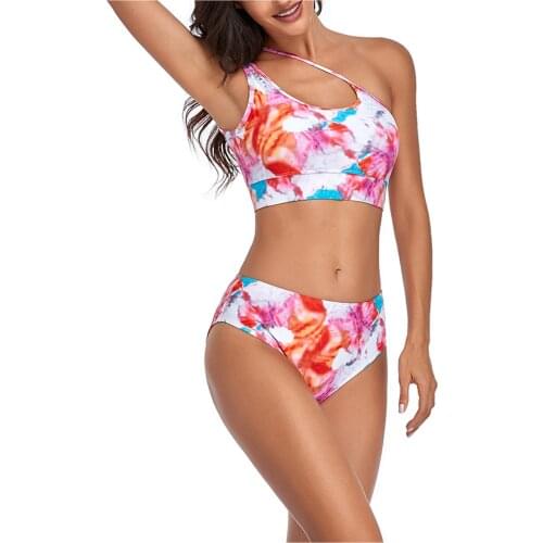 Women Sexy Push Up High Cut Flowers Print One shoulder Hollow Out Gradient Print Halter Bikini Set Two Piece Swimsuit Monokini