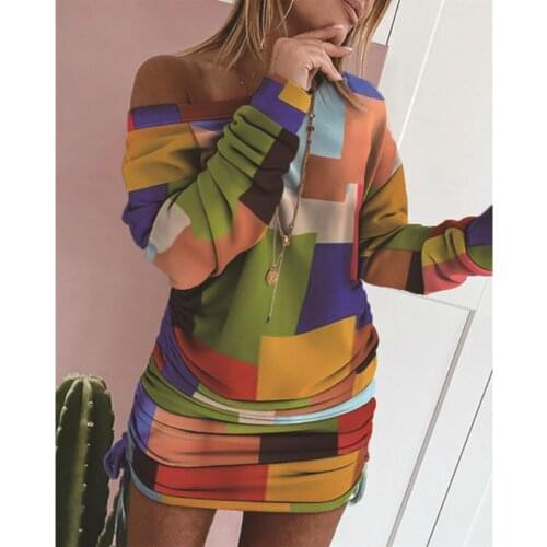Shirring Fold Hem Ladies Mini Dress Letter Halloween Tie-dye Printed Diagonal Collar Long Sleeve Autumn 2021 Women Short Dresses