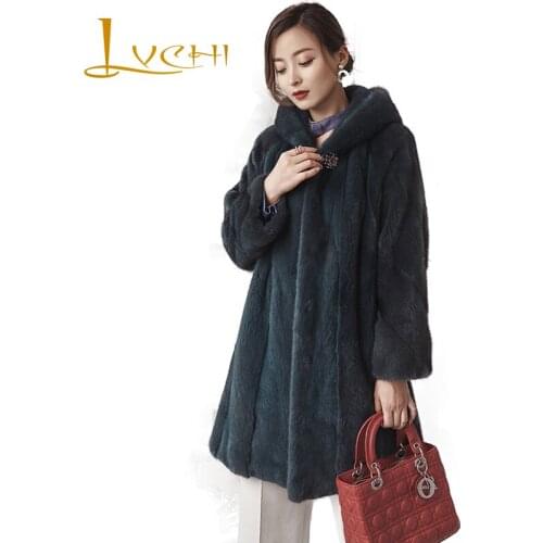 LVCHI Winter 2019 With Fur Hood Import Real Mink Fur Coats Womens Full Sleeve Coat Medium Full Pelt Causal Loss Slim Mink Coats