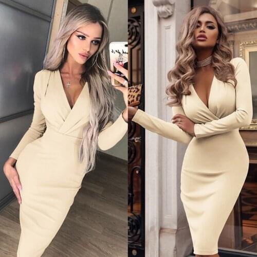Women Dress Autumn Spring Sexy Slim Fit Bodycon Solid Elegant Office Lady Vintage Long Sleeve Evening Party V-Neck Clubwear