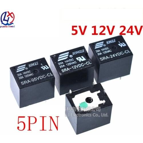 5Pcs 5V 12V 24V 20A DC Power Relay SRA-05VDC-CL SRA-12VDC-CL SRA-24VDC-CL 5Pin PCB Type In stock Black Automobile relay