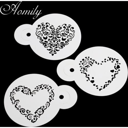 Aomily 3pcs/Set Heart Shape DIY Cake Mold Stencils Airbrush Painting Art Molds Fondant Decorating Tools Coffee Espresso Stencils