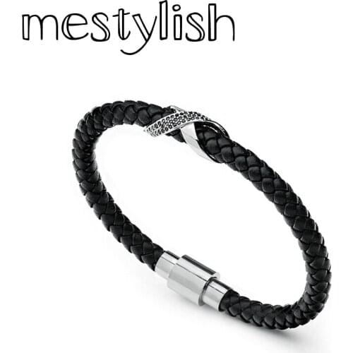 Mestylish 6mm Genuine Leather Infinity Bracelet Stainless Steel Magnetic Buckle Men Women Bracelet Paved Zircon Bangles Jewelry