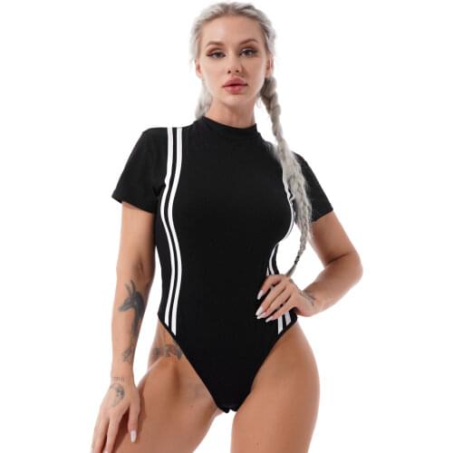 Black Women Summer Jumpsuit Short Sleeves Stripes Print Bodysuit Female Sexy Sport Leotard Slim Fit Clubwear Fashion Bodysuit