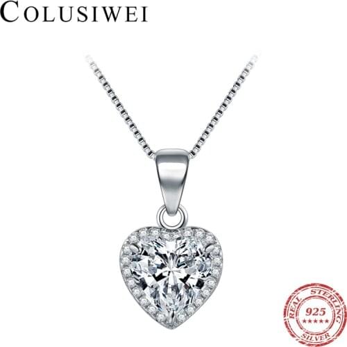 COLUSIWEI Genuine 925 Sterling Silver Dazzling Zircon Brilliant Heart Charm Pendant Necklace for Women Original Wedding Jewelry