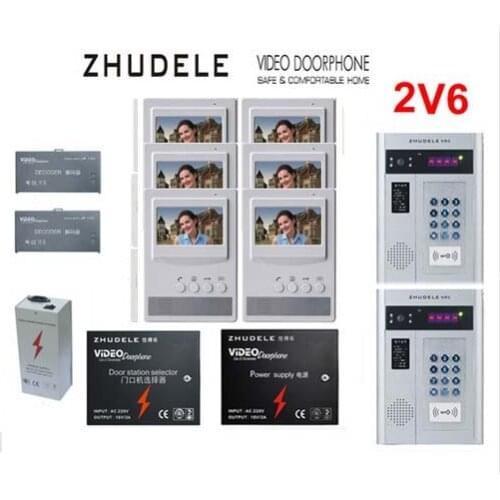 ZHUDELE Building Home security intercom system 6 Units Apartment Video Door Phone Bell 4.3"TFT monitor For 2 Doors