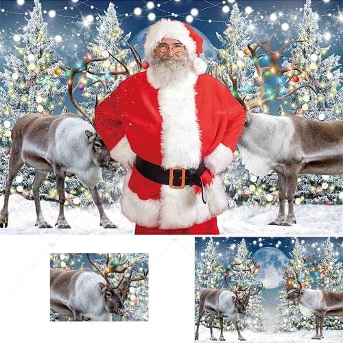 Santa Claus Reindeer Backdrop Christmas Winter Wonderland Snow Forest Light Background Children Photo Studio Portrait Background