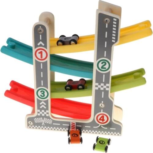 Wooden Ramp Racer Race Track Car Game Playset for Kids Boys Girls, 4 Layer, 4 Mini Cars