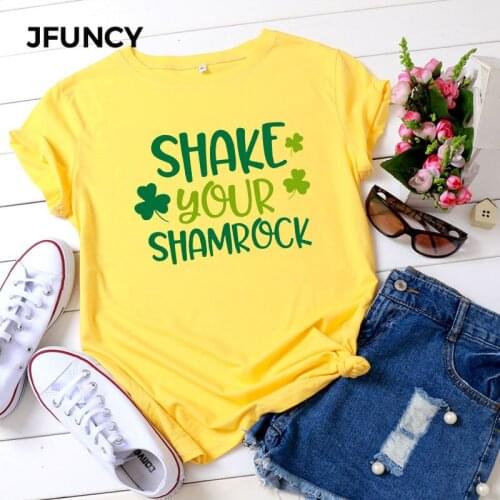 JFUNCY Plus Size Women Casual T-shirt SHAKE YOUR SHAMROCK Letter Graphic Summer Cotton Shirts Female Harajuku Tshirt Tops Tees