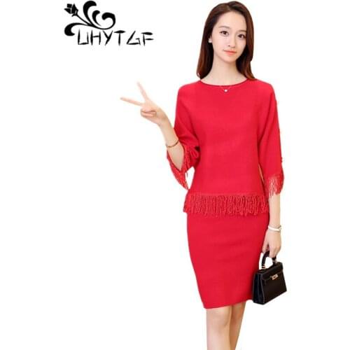 UHYTGF 2 piece set women tassel beaded spring two piece skirt set female pullover Knitted Short top elegant womens clothing 1350