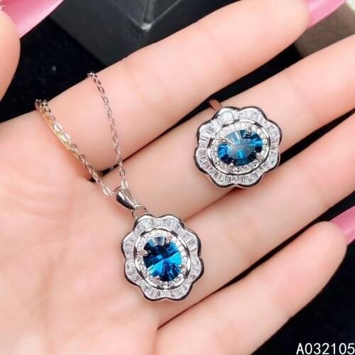 KJJEAXCMY fine jewelry 925 sterling silver inlaid Natural London blue topaz women vintage classic flower gem pendant ring set su