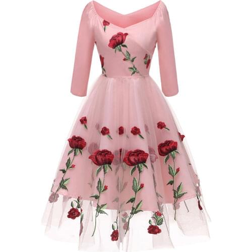 Womens Full Dress Three Quarters Sleeve Rose Pattern Embroidery Evening Dress L36274