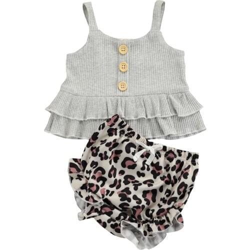 Infant Kids Girl’s Summer Two Piece Set Fashion Solid Color Ruffles Suspender Tops and Leopard Triangle Short Pants 6M-4T